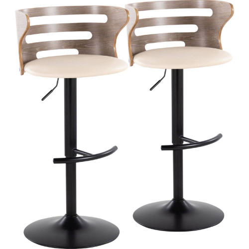 Cosi Adjustable Swivel Bar Stool in Black Metal, Light Grey Wood & Cream Leatherette (Set of 2)